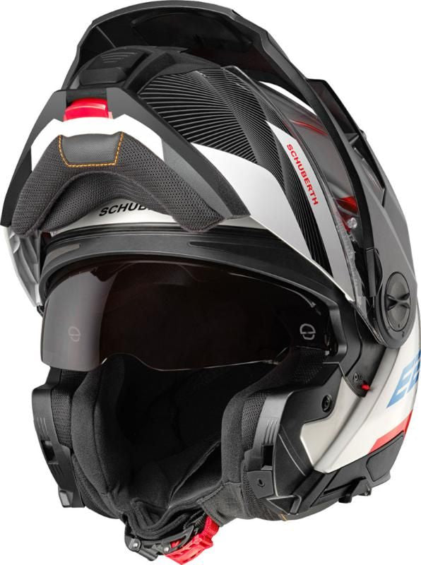 Schuberth E2 Defender Black & White Adventure Flip Front Motorcycle Helmet - New for 2023/2024 - Averys Motorcycles