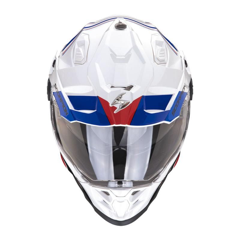 Scorpion Exo ADF-9000 Desert White Blue & Red Adventure Touring Motorcycle Helmet - New for 2023/2024 - Averys Motorcycles